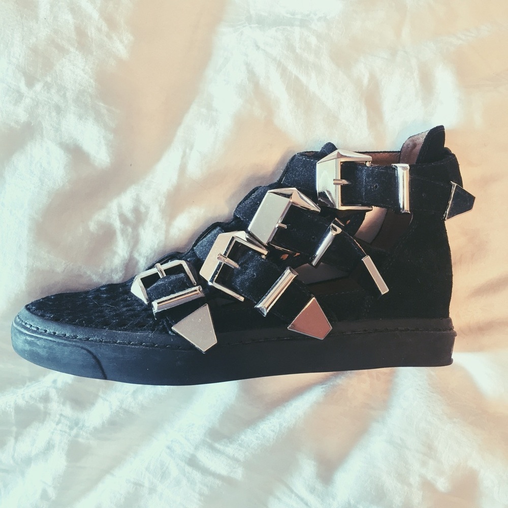 Jeffrey Campbell mesh buckled boots